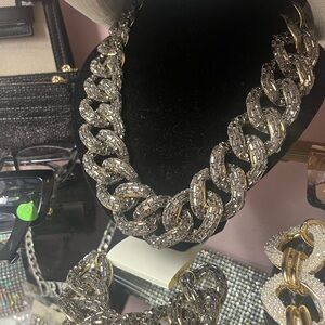 Crystal Pavé Chunky Chain Necklace and Bracelet Set - Smoky Rhodium Gold Tone